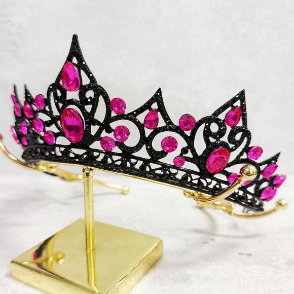Fuchsia Crystal Tiara, Black Crown, Princess Crown, Purple Crystal Headband - Picture 2 of 8